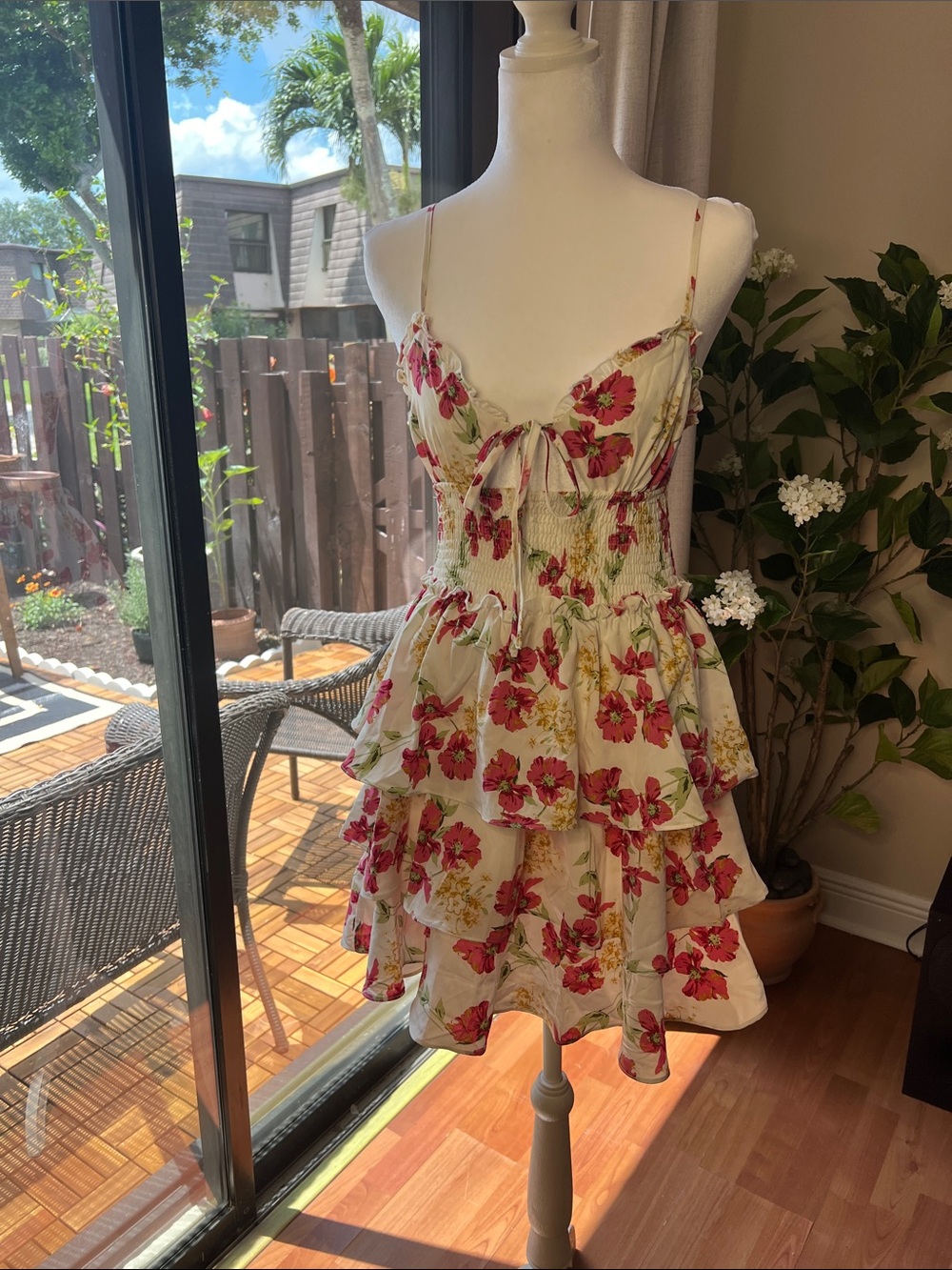 SHEIN White Floral Tiered Sundress with Pink & Green Print